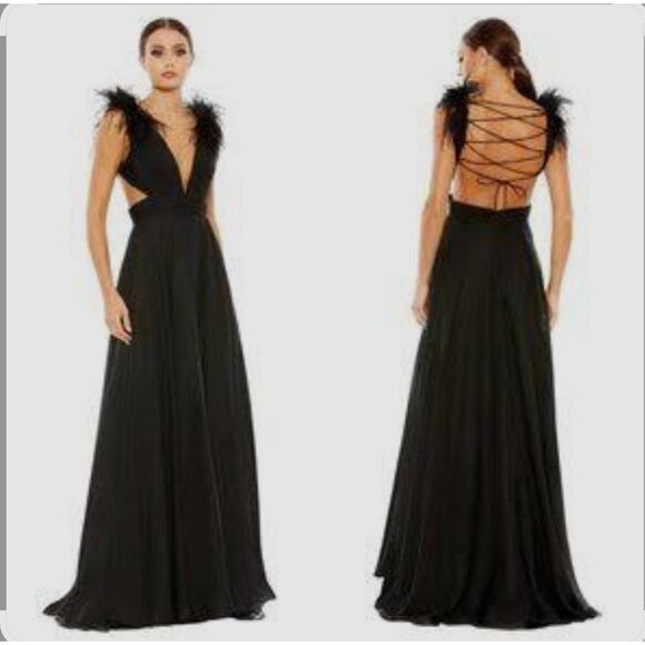 Mac Duggal 68113 black plunge faux ostrich feather A-line gown Size 4 Formal - Picture 2 of 15